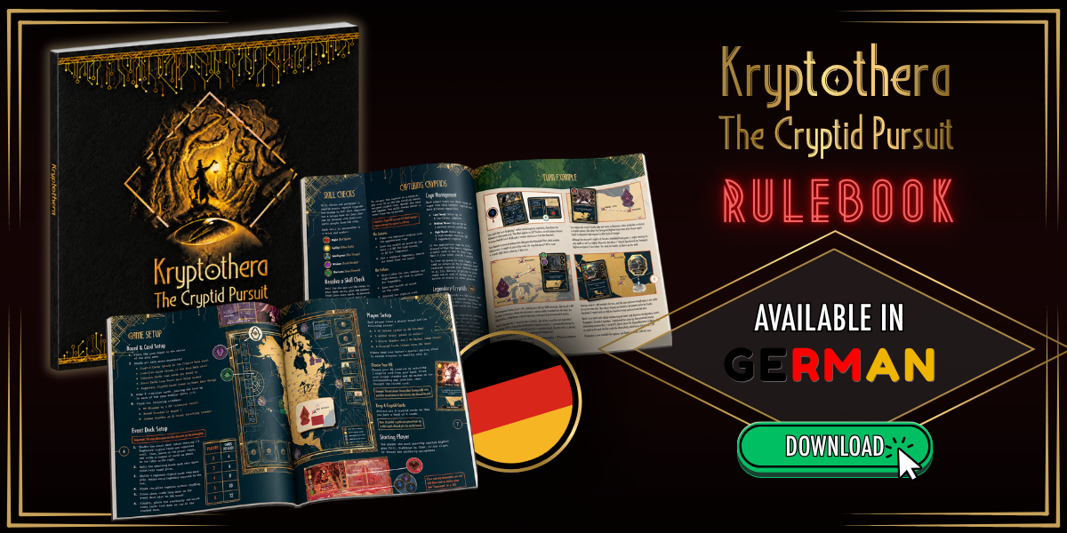Kryptothera: The Cryptid Pursuit Rulebook fully adapted in German now available for digital download